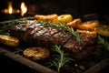 Grilled picanha with pineapple and rosemary, dancing flames., generative IA