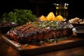 Grilled picanha with pineapple and rosemary, dancing flames., generative IA