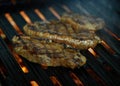 Grilled picaÃÂ±a meat cut with fire and smoke with dark background