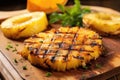 grilled pineapple, a churrasco dessert, on a wooden board