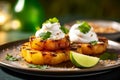 grilled pineapple slices with cream cheese, mint and lime, dessert portion on plate. Generative AI