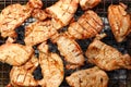 Grilled pork, Barbecue, Grilled BBQ meat food on fireplace grill, Meat meal background cut into grilled pieces top view Royalty Free Stock Photo