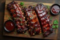 Grilled pork bbq ribs served with cherry tomatoes, basil and barbeque sauce on wooden cutting board on wood board. Royalty Free Stock Photo