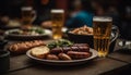 Grilled pork and beef on a rustic picnic table, beer refreshment generated by AI