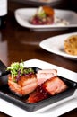 Grilled pork belly with coleslaw and spicy bbq sauce Royalty Free Stock Photo