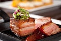 Grilled pork belly with coleslaw and spicy bbq sauce Royalty Free Stock Photo