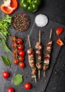 Grilled pork and chicken kebab with paprika on stone chopping board with salt, pepper and tomatoes on black background. Fresh Royalty Free Stock Photo