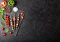 Grilled pork and chicken kebab with paprika on stone chopping board with salt, pepper and tomatoes on black background. Fresh Royalty Free Stock Photo