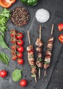 Grilled pork and chicken kebab with paprika on stone chopping board with salt, pepper and tomatoes on black background. Fresh Royalty Free Stock Photo