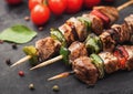 Grilled pork and chicken kebab with paprika on stone chopping board with salt, pepper and tomatoes on black background Royalty Free Stock Photo