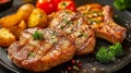 Grilled pork chops with potatoes and herbs on a black plate, AI Royalty Free Stock Photo