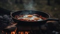 Grilled pork and fried egg on rustic cast iron frying pan generated by AI Royalty Free Stock Photo