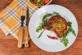 Grilled pork loin chop bone-in on dish, top view Royalty Free Stock Photo