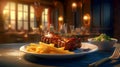 Grilled pork loin with french fries on a restaurant table