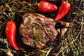 Grilled pork neck with aromatic herbs, garlic and chili peppers on a cast iron grill