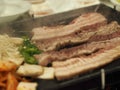 Grilled pork is on the pan in Thai style, Thai buffet with pork, chicken and other meats, cooked on brass barbecue pan, pork grill