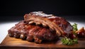 Grilled pork rib, cooked to perfection, ready to eat, savory sauce generated by AI Royalty Free Stock Photo