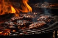 Grilled pork ribs on barbecue grill with flames and smoke, closeup, Close-up of barbecues cooking grilling on charcoal, AI Royalty Free Stock Photo