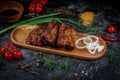 Grilled pork ribs on a dark stone table with vegetables, cream and tomato sauce. Served on a wooden board. Fast food restaurant, d Royalty Free Stock Photo