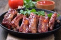 Grilled pork ribs in frying pan Royalty Free Stock Photo