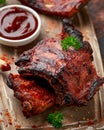 Grilled pork ribs with herbs on wooden board Royalty Free Stock Photo