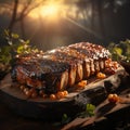 Grilled pork ribs with tomatoes and herbs on a wooden board. Royalty Free Stock Photo