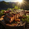 Grilled pork ribs with tomatoes and herbs on a wooden board Royalty Free Stock Photo