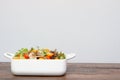 Grilled pork salad with lettuce and tomato on wooden table Royalty Free Stock Photo