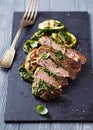 Grilled Pork with Salsa Verde and Zucchini, sliced