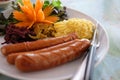 Grilled pork sausage mashed potato vegetable Royalty Free Stock Photo