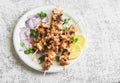 Grilled pork skewers with pickled red onion and mint on a light background. Delicious summer lunch.