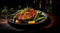 Grilled pork steak with a bone in a sweet honey glaze and vegetable stew with green beans