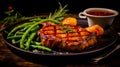 Grilled pork steak with a bone in a sweet honey glaze and vegetable stew with green beans