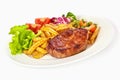 Grilled pork steak with fries isolated on white background Royalty Free Stock Photo