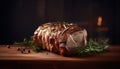 Grilled pork steak on rustic wooden table, fresh and delicious generated by AI Royalty Free Stock Photo