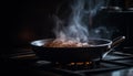 Grilled pork steak sizzling on hot stove top burner generated by AI Royalty Free Stock Photo