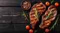 Grilled pork steak with spices on dark background. Royalty Free Stock Photo