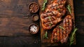 Grilled pork steak with spices on dark background. Royalty Free Stock Photo