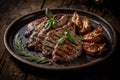 Grilled pork steak and vegetables on a plate close-up. Beef fillet with rosemary sprig and basil leaves. Rare roast beef meal on a Royalty Free Stock Photo