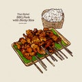 Grilled pork and sticky rice of thai street fast food style, hand draw sketch vector
