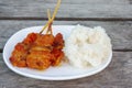 Grilled pork with sticky rice in white plate is a food that Thai people prefer to eat. Royalty Free Stock Photo