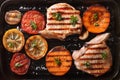 Grilled pork and vegetables on the grill pan. top view horizontal Royalty Free Stock Photo