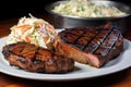 grilled porterhouse steak with a side of coleslaw