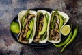 Grilled portobello, asparagus, bell peppers, green beans fajitas. Poblano mushroom tacos with jalapeno, cilantro, avocado crema