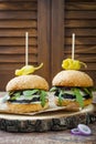 Grilled portobello mushroom burger. Healthy veggies hamburger with onions, arugula, cheese, spicy pickled hot peppers Royalty Free Stock Photo