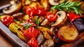 Grilled Potato Vegetable Mix Platter. Main Course Nutritious Meal Wooden Board. Cherry, Tomato, Sweet Pepper Barbecue. Generative Royalty Free Stock Photo