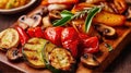 Grilled Potato Vegetable Mix Platter. Main Course Nutritious Meal Wooden Board. Cherry, Tomato, Sweet Pepper Barbecue. Generative Royalty Free Stock Photo