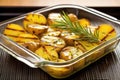 grilled potatoes with fresh sprig of rosemary on a glass serving dish