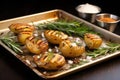 grilled potatoes on paper-lined tray, fresh rosemary and salt nearby
