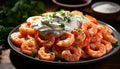 Grilled prawn salad, a healthy gourmet meal with freshness generated by AI